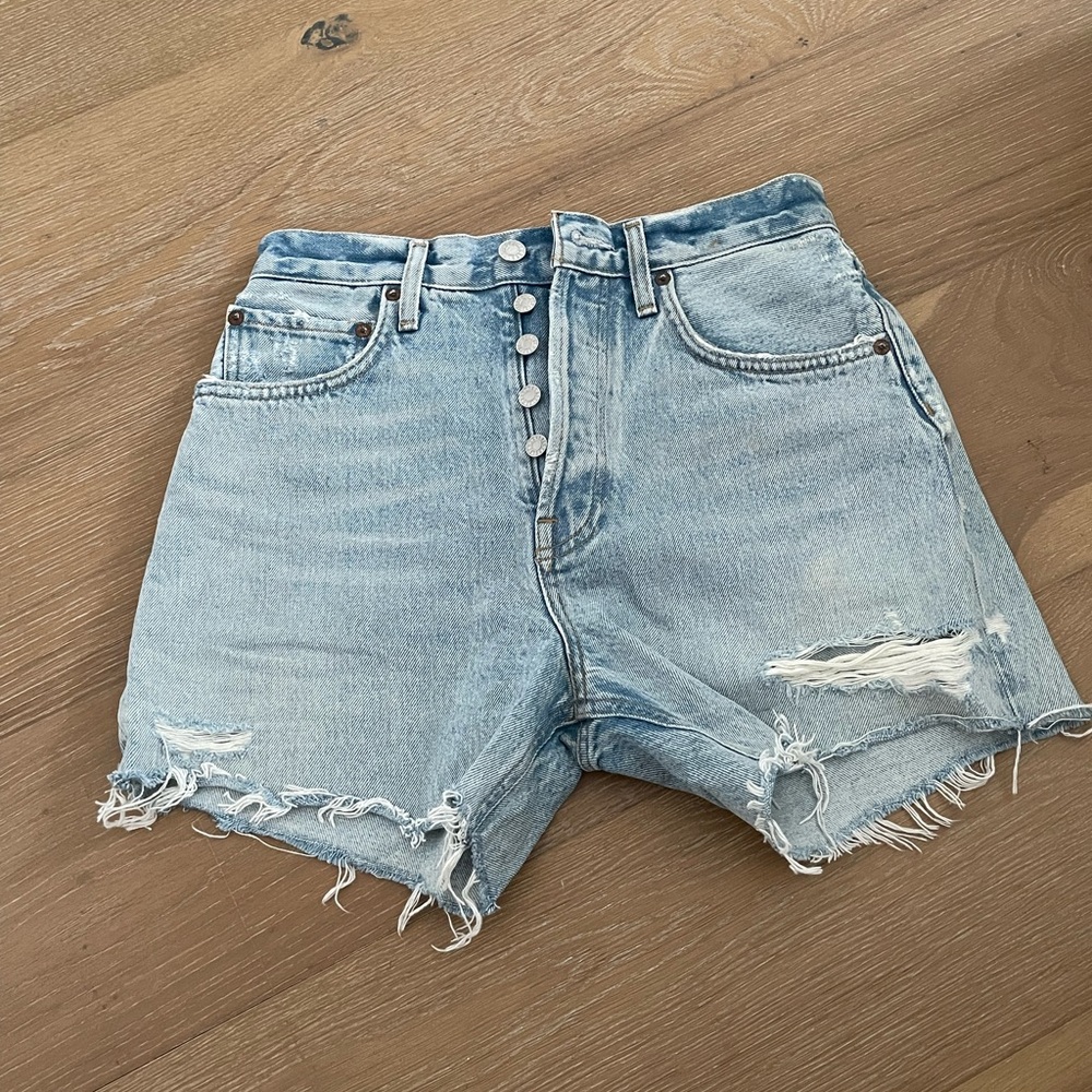 Agolde Light Blue Distressed High-Rise Denim Shorts